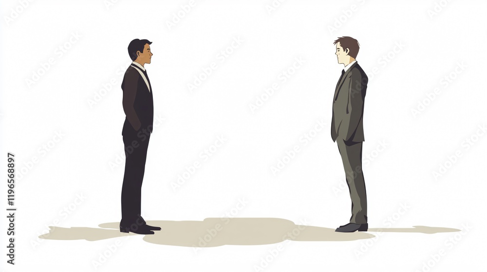 A Symbolic Encounter: Two Businessmen in Suits Stand Opposite Each Other, Exuding Professionalism and Power Dynamics in a Minimalist Setting A Symbolic Encounter: Two Businessmen in Suits Stand Opposite Each Other, Exuding Professionalism and Power Dynamics in a Minimalist Setting