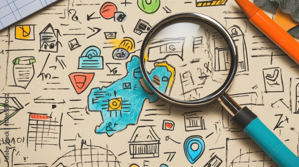 Vibrant hand-drawn map with colorful icons, arrows, and a search magnifier on a notebook background Vibrant hand-drawn map with colorful icons, arrows, and a search magnifier on a notebook background