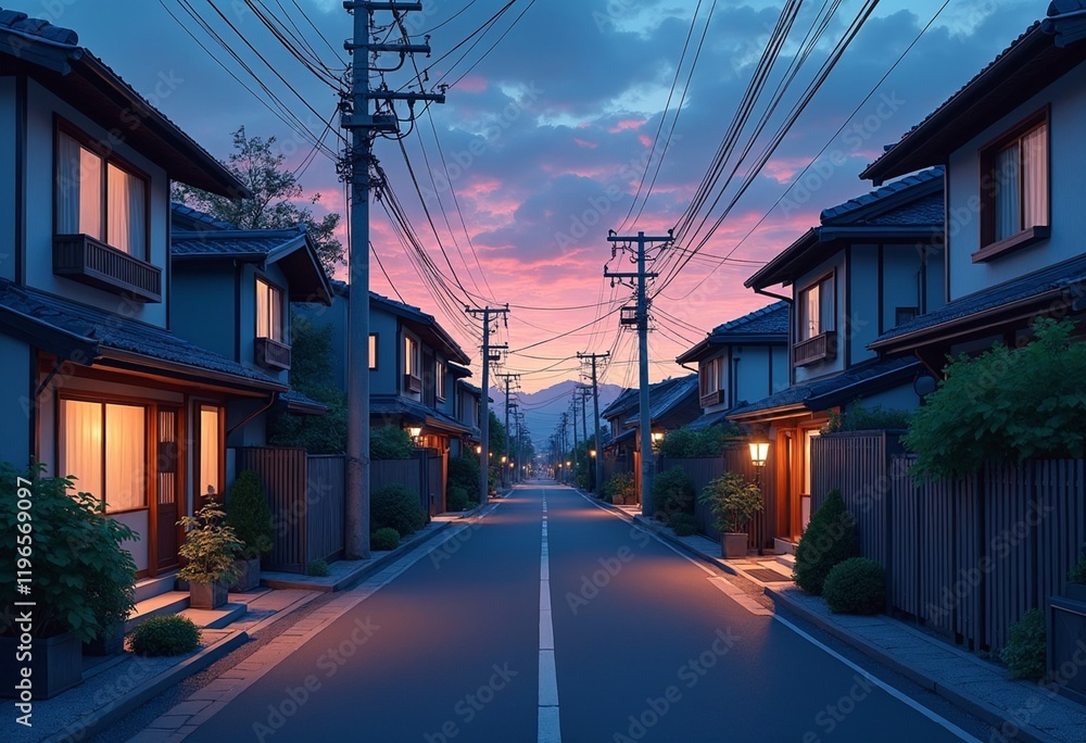 A beautiful japanese Tokyo city town in the evening. houses at the street. anime comics artstyle. cozy lofi asian architecture A beautiful japanese Tokyo city town in the evening. houses at the street. anime comics artstyle. cozy lofi asian architecture