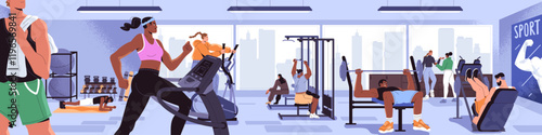 Diverse people training in gym panorama. Athletes do physical exercises with sports equipment indoor. Men and women do cardio workout on treadmill, weightlifting with barbell. Flat vector illustration