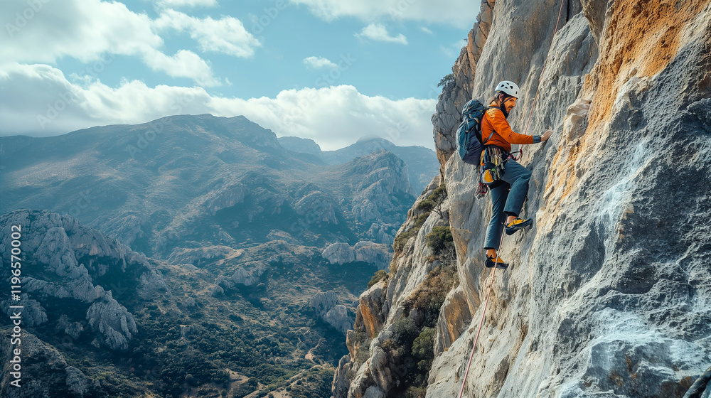 Climber scales a rocky cliff as the sun sets over the ocean horizon. Generative AI Climber scales a rocky cliff as the sun sets over the ocean horizon. Generative AI