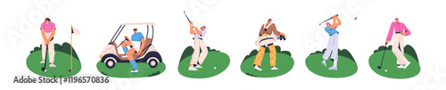 Golfers play set. Professional golf players swinging to hit ball with putter into hole. Sports people putt golfball, drive cart on grass lawn. Flat isolated vector illustrations on white background