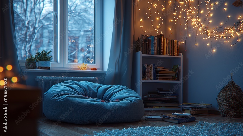 Cozy room with bean bag, books, and warm ambient lighting. Cozy room with bean bag, books, and warm ambient lighting.