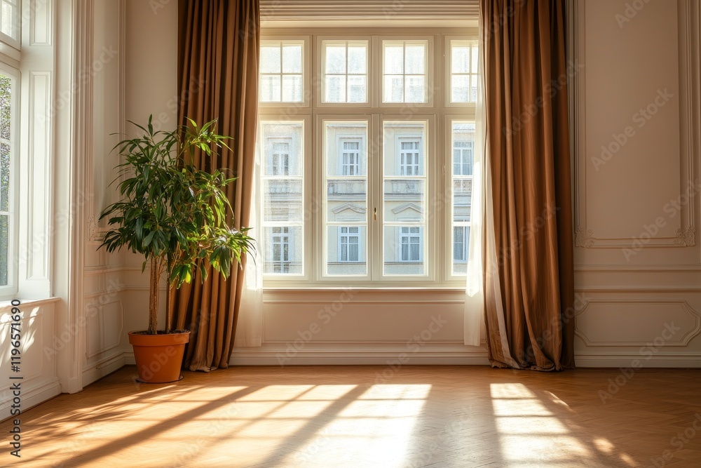 Sunlit empty room with large window, terracotta pot plant, and brown curtains. Sunlit empty room with large window, terracotta pot plant, and brown curtains.