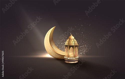 islamic greetings template design with golden crescent moon and lanterns