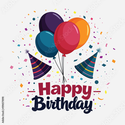 Colorful balloons floating with confetti falling for happy birthday celebration