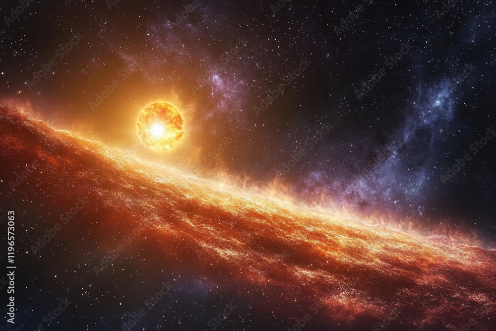 Fototapeta premium Fiery Planet Surface With A Bright Star In Space