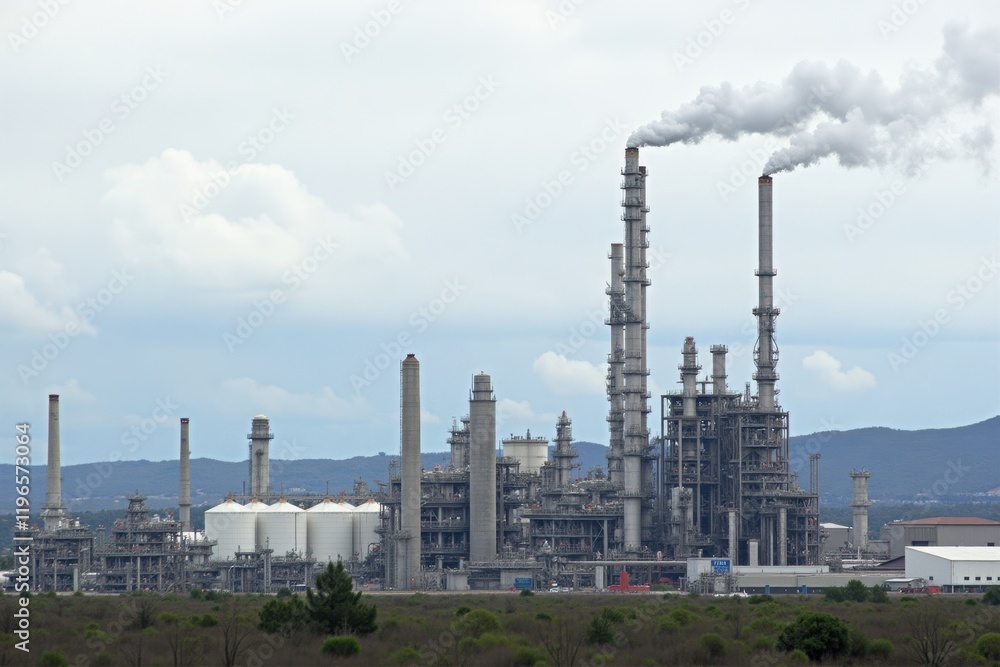 A large oil refinery with tall metal tanks and chimneys releasing smoke. The background shows a cloudy sky and distant hills A large oil refinery with tall metal tanks and chimneys releasing smoke. The background shows a cloudy sky and distant hills