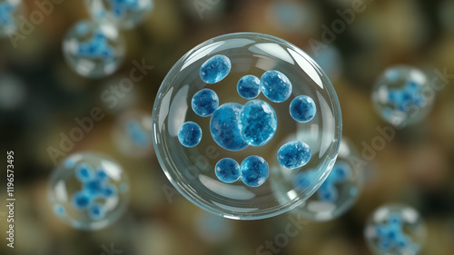 Close-up of blue exosomes inside transparent bubbles on a blurred background. 3D scientific illustration of cell biology and molecular structure. Microscopic concept for research and medical design