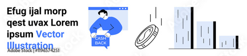 Man holding cash back sign, falling coin, and bar graph. Ideal for promotions, business, finance, marketing, economics, savings tips, and financial reports. Landing page