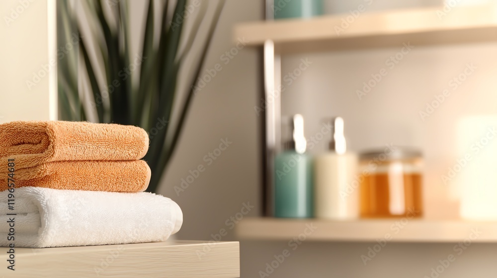 A serene bathroom scene featuring neatly stacked towels, decorative plants, and elegant toiletries on display for relaxation. A serene bathroom scene featuring neatly stacked towels, decorative plants, and elegant toiletries on display for relaxation.