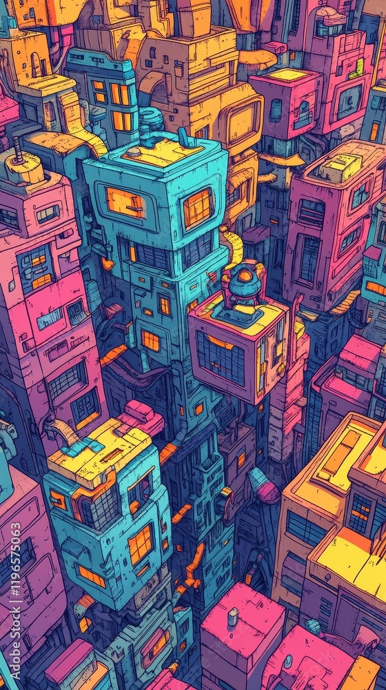 Fototapeta premium A vibrant illustration of a futuristic citys complex architecture