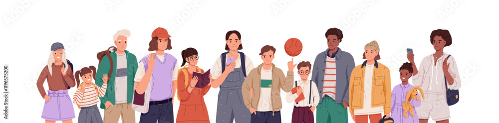 Fototapeta premium Happy group of children stands together. School portrait of senior and junior pupils. Diverse girls and boys, different kids, students, teenagers. Flat isolated vector illustration on white background