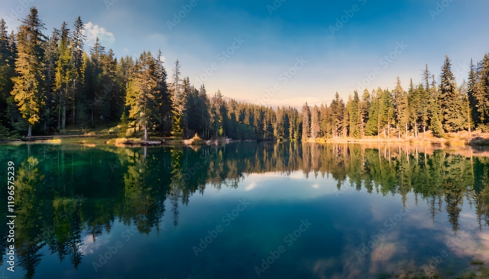 A crystal-clear lake mirrors towering pine trees, creating a perfect harmony of earth and water A crystal-clear lake mirrors towering pine trees, creating a perfect harmony of earth and water