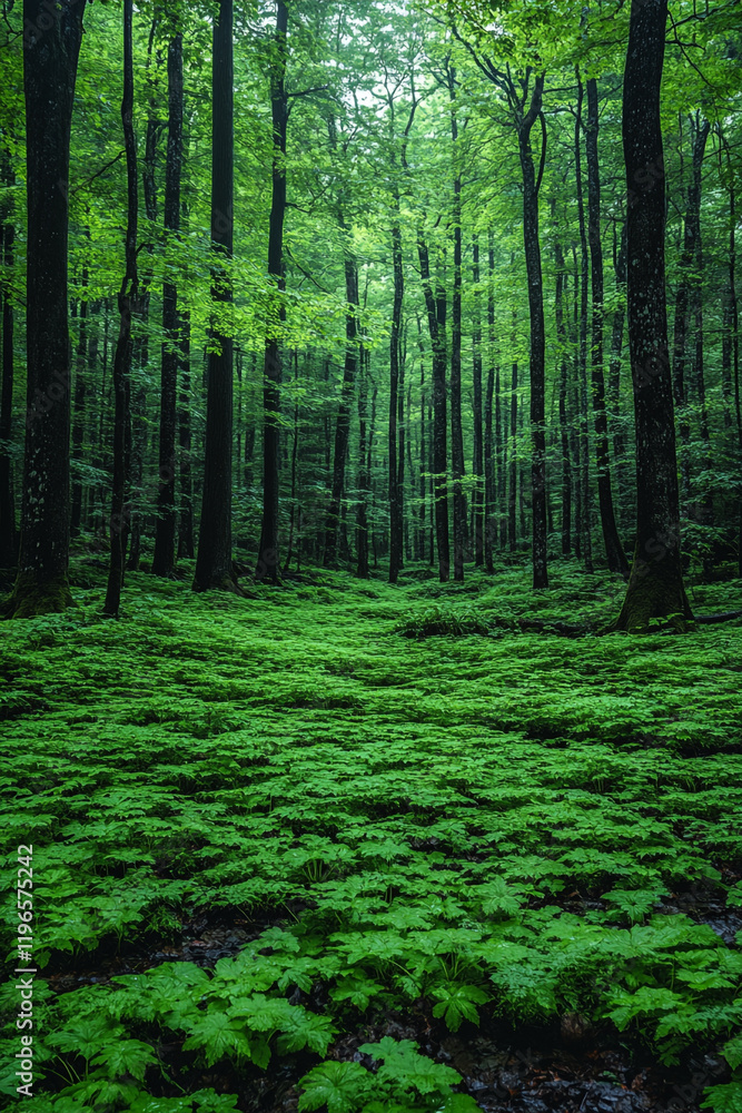 Fototapeta premium Lush Green Forest Floor Under Tall Trees