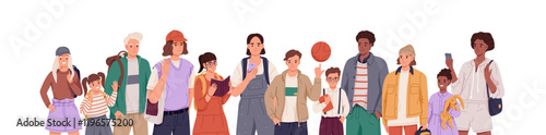Happy group of children stands together. School portrait of senior and junior pupils. Diverse girls and boys, different kids, students, teenagers. Flat isolated vector illustration on white background
