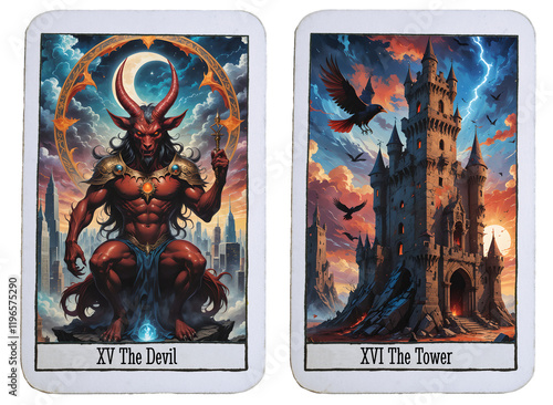 Two dark Tarot cards of the major arcana on transparent background. The devil (15) and the tower (16)