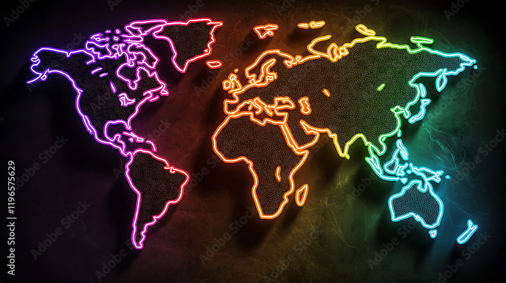 Naklejka premium Vibrant Rainbow Neon World Map Global Travel International Connectivity Illuminated Globe