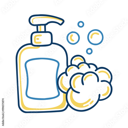 Line Drawing of Soap Dispenser and Bubbles in Gold and Blue for Hygiene and Cleanliness