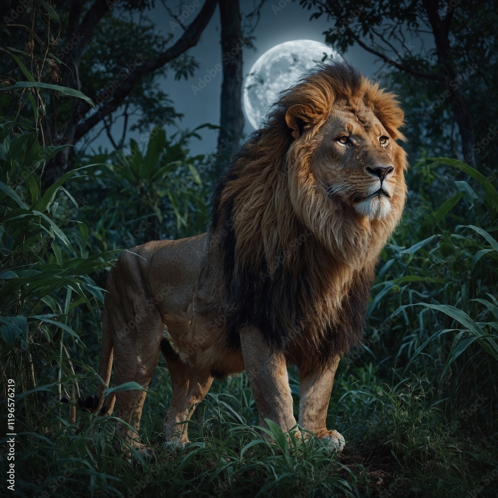 Fototapeta premium A lion in a serene jungle clearing bathed in moonlight.