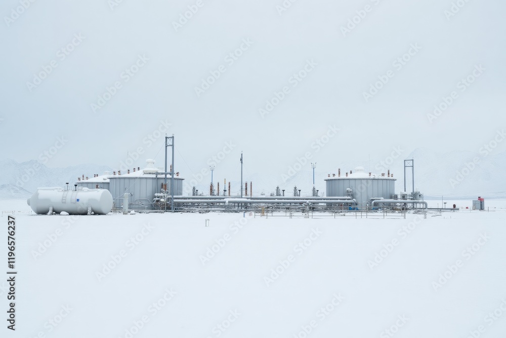 An oil depot on a snowy plain, with snow-covered tanks and pipelines. The background shows a gray sky and distant snowy mountains An oil depot on a snowy plain, with snow-covered tanks and pipelines. The background shows a gray sky and distant snowy mountains