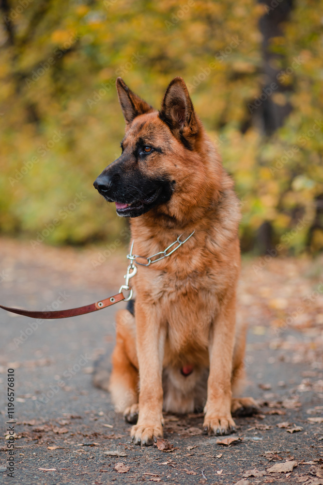 Shepherd dog sits surrounded by dry leaves. Autumn walk with a pet. Big dog Shepherd dog sits surrounded by dry leaves. Autumn walk with a pet. Big dog