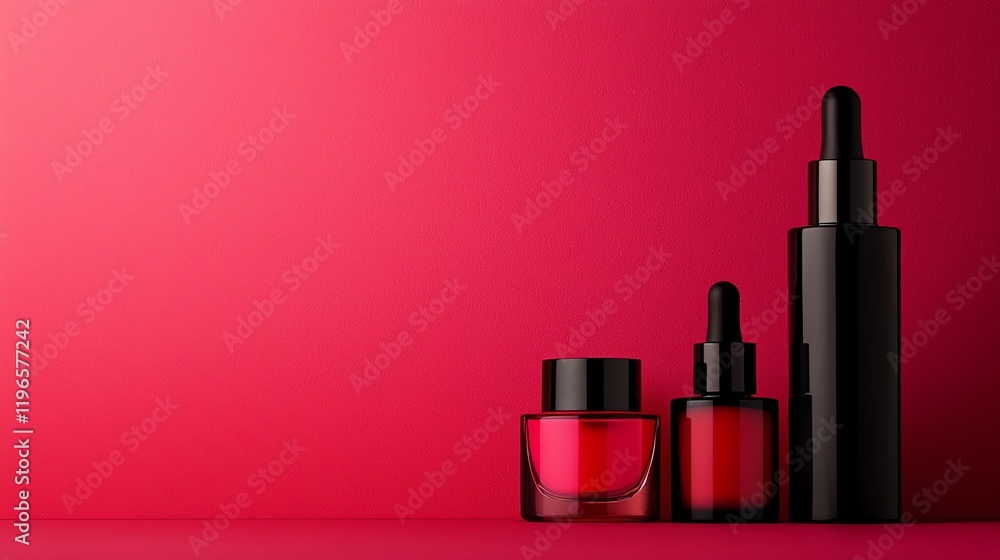Stylish cosmetic containers on a vibrant red background, showcasing beauty products for personal care and skincare enthusiasts. Stylish cosmetic containers on a vibrant red background, showcasing beauty products for personal care and skincare enthusiasts.