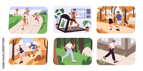 Morning running set. Active people do sport, jogging in gym and outdoors. Runners training for competitions. Joggers, athletes do cardio workout with treadmill or in park. Flat vector illustrations