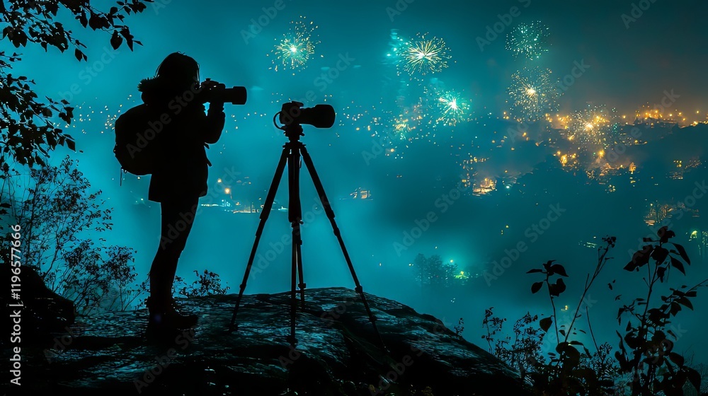 Fototapeta premium Silhouette of a female photographer capturing fireworks in a foggy night landscape.
