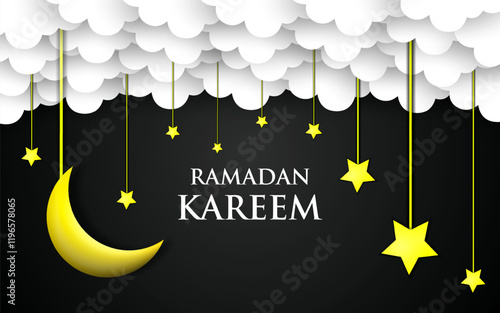 Ramadan kareem concept with combination of shining hanging gold stars, golden crescent moon. vector illustration