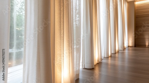 Custom drapes and Roman shades in a softly lit showroom.
