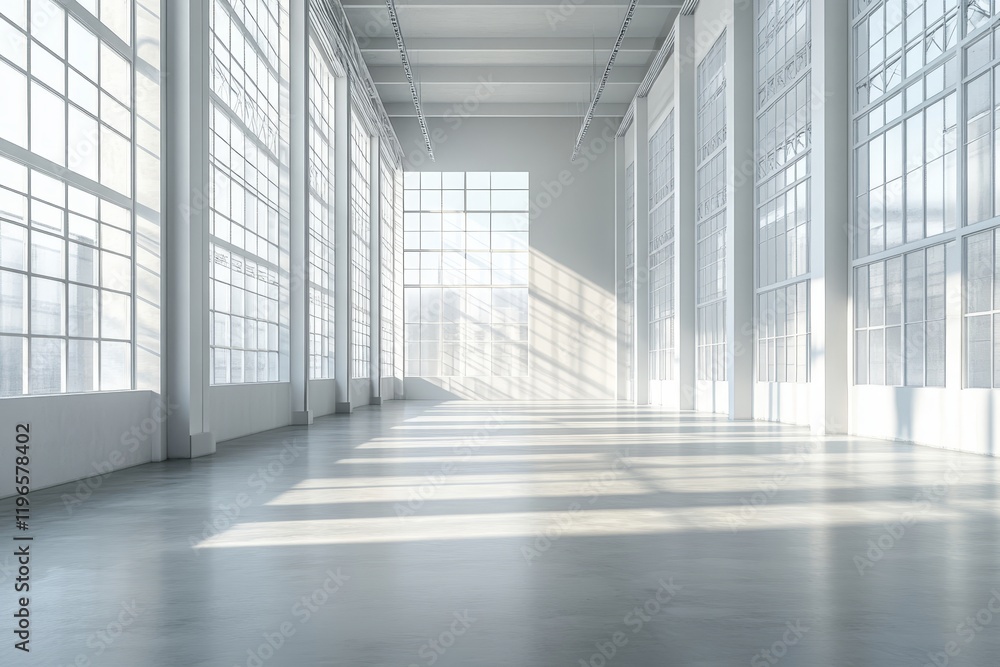Sunlit spacious industrial interior with large windows and polished concrete floor. Sunlit spacious industrial interior with large windows and polished concrete floor.