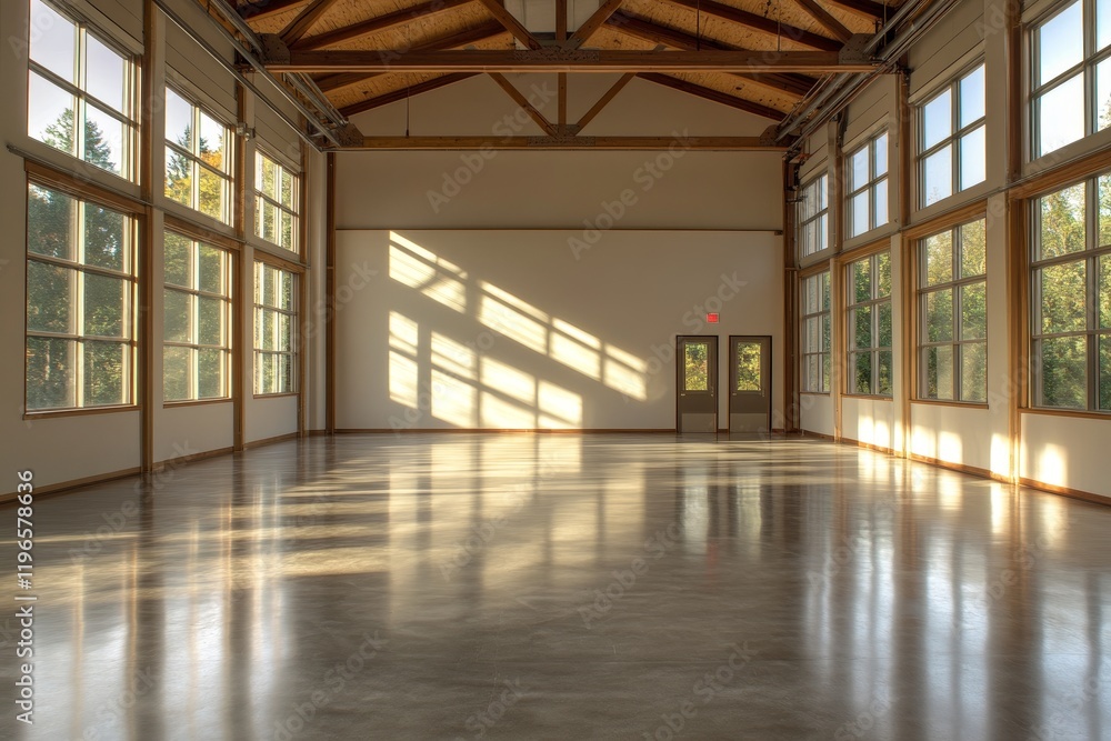 Sunlit spacious empty hall with high ceilings and large windows. Sunlit spacious empty hall with high ceilings and large windows.