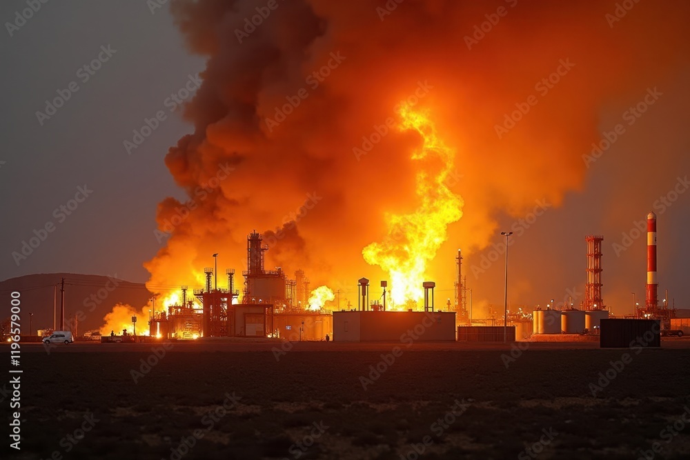 A massive fire erupts at an oil storage terminal during daylight, with bright orange flames and smoke billowing high into the sky. Firefighters are on-site, trying to control the situation A massive fire erupts at an oil storage terminal during daylight, with bright orange flames and smoke billowing high into the sky. Firefighters are on-site, trying to control the situation
