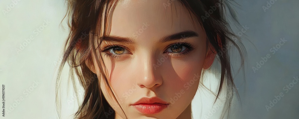 Fototapeta premium Close-up of a young woman with expressive eyes, natural beauty, emotional portrait, minimalist style.