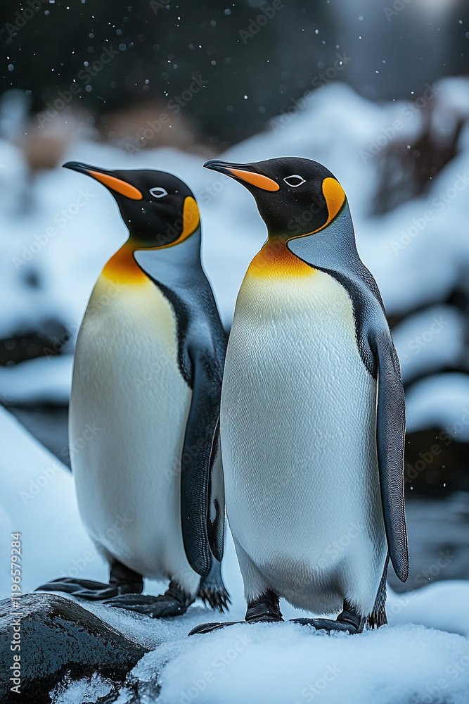 Obraz premium Two King Penguins Stand Together In Snowy Weather