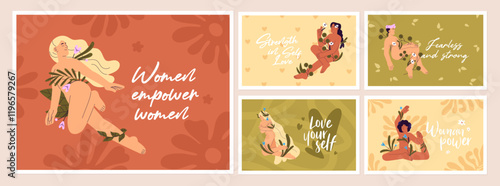 Set of greeting postcard designs with sensual naked women. Cards with wrapped with flowers, leaves nude girls. Self care, love and acceptance, natural beauty concept. Flat vector illustrations