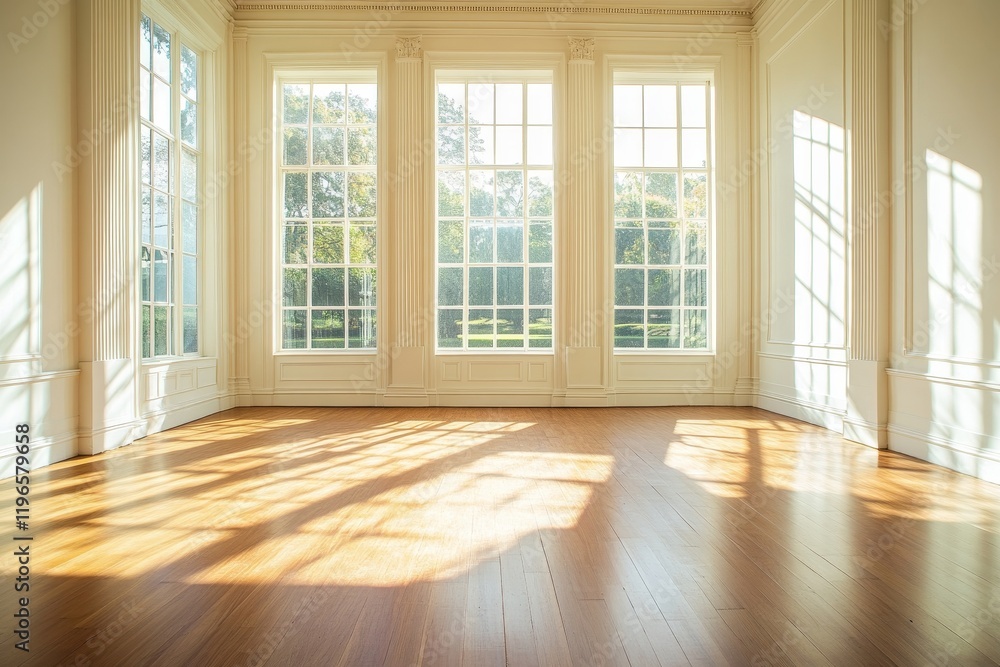 Sunlit empty room with large windows and hardwood floor. (1)