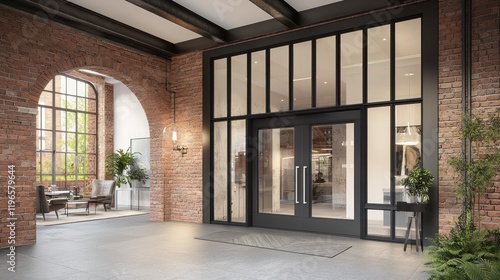 Modern entrance with brick walls and large glass doors.