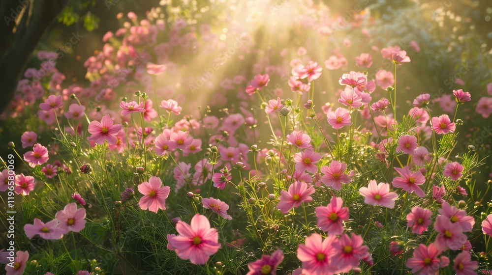 Fototapeta premium Colorful cosmos flowers blooming in garden with blue summer sky