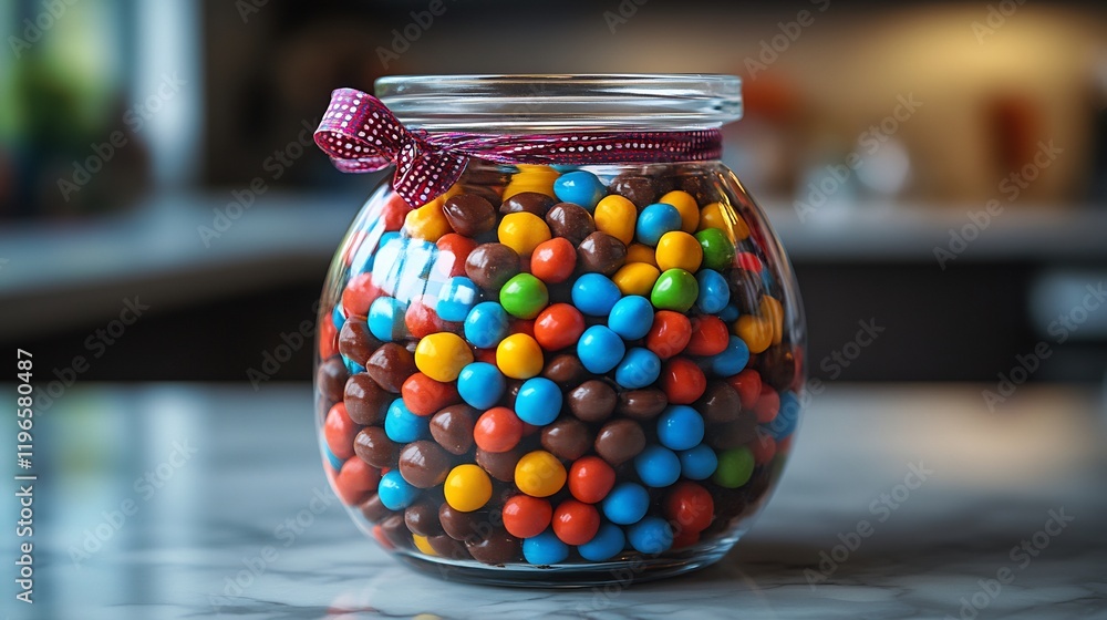 Elegant glass jar overflowing multicolored candycoated chocolates and decorative ribbons on a marble countertop Elegant glass jar overflowing multicolored candycoated chocolates and decorative ribbons on a marble countertop