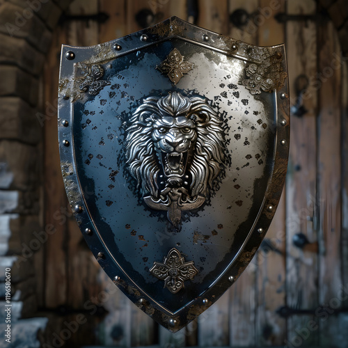 Medieval Knight's Shield: Symbol of Honor and Valor with Intricate Lion Emblem and Sturdy Frame photo