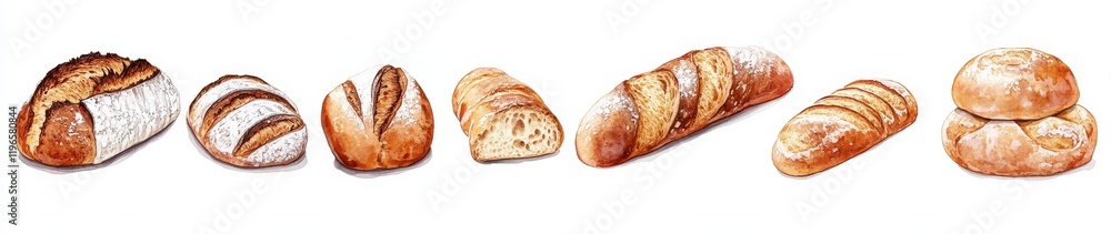 Assorted artisan loaves of bread, including sourdough, baguettes, and rolls, isolated on white. Assorted artisan loaves of bread, including sourdough, baguettes, and rolls, isolated on white.