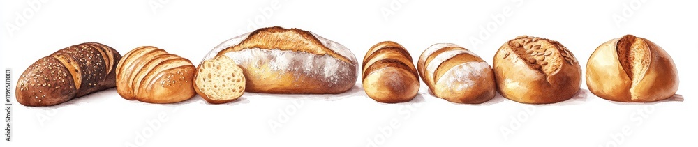 Assorted artisan bread loaves and rolls on white background. Assorted artisan bread loaves and rolls on white background.