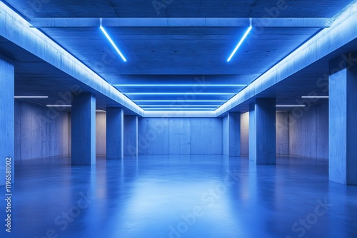 Blue neon lights illuminate a spacious, empty concrete underground parking garage. photo