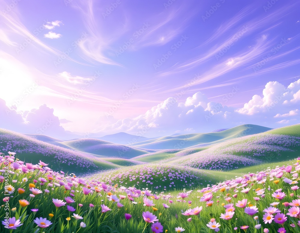 Fototapeta premium Serene Flower Fields Rolling Hills Sunset Landscape