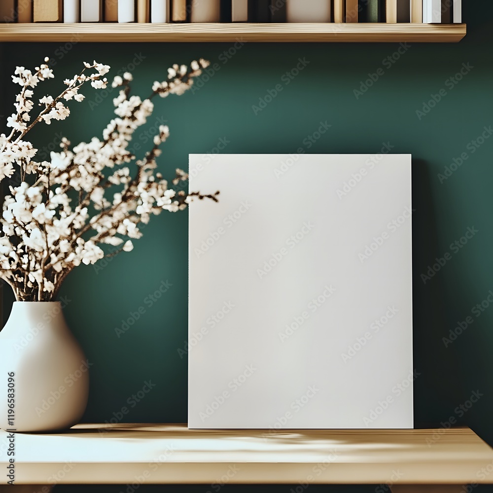 blank white rectangle poster on wooden surface with green color wall background blank white rectangle poster on wooden surface with green color wall background