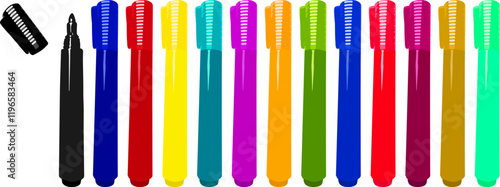 Set of markers with basic colors for drawing and coloring. Sale and advertising of markers and drawing with them. Felt-tip pen for drawing courses. Set of markers with a cap for children.