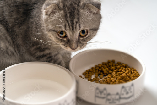 Cat Feeding Scene with Food and Water Bowl photo