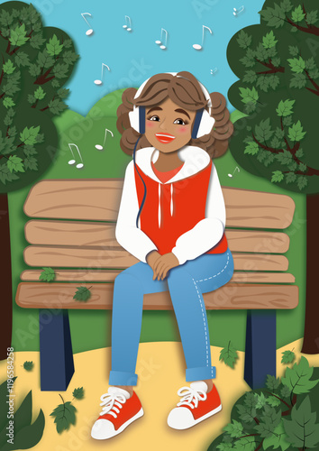 Vector illustration in a unique style - paper cutouts. A joyful girl is listening to music while sitting on a bench in a summer park. Digital illustration, vibrant colors.